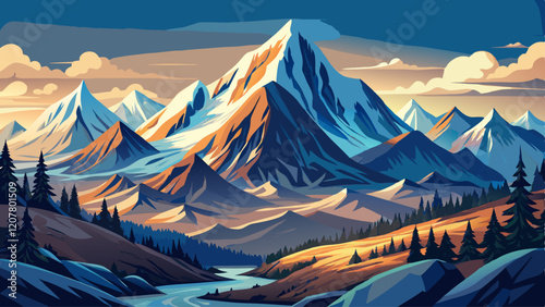 Embrace the majestic beauty of alpine landscapes, where snow-capped peaks and rugged terrain create a breathtaking panorama of mountainous grandeur. Illustration, Image, , Minimalism,