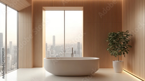 A modern bathroom featuring wooden cabinets, dual sinks, and arched mirrors set against a light background. photo