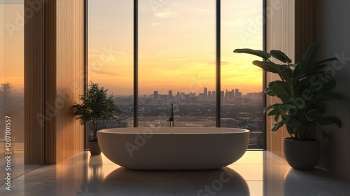 A modern bathroom featuring wooden cabinets, dual sinks, and arched mirrors set against a light background. photo