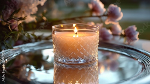 Cozy evening atmosphere with a lit decorative candle and blooming flowers
