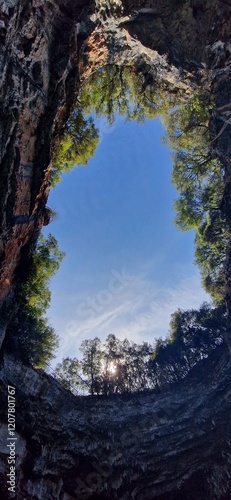 Melissani lake cave, view from inside the cave on the hole