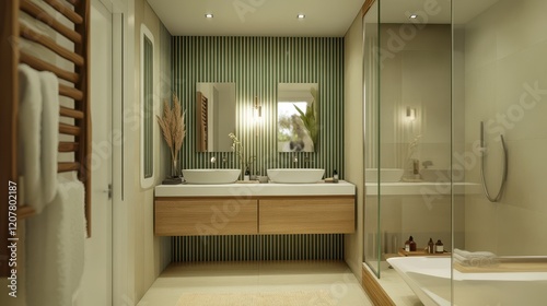 A modern bathroom interior showcasing a sleek sink and mirror, complemented by stylish accessories. photo