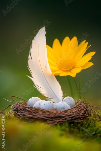 Pluma blanca suave acomoda delicadamente en un nido con huevos y una flor amarilla en un bello entorno natural photo