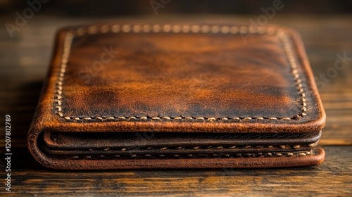 Elegant leather wallet resting on a wooden table in a cozy cafe during daylig...