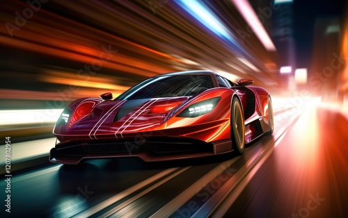 Red Sports Car Speeding Through City Lights