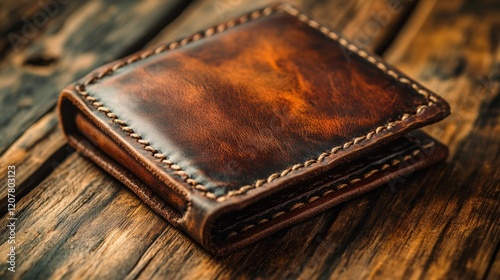 Rustic leather wallet resting on a weathered wooden surface in soft natural l...