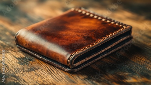 Rustic leather wallet resting on a weathered wooden surface in soft natural l...