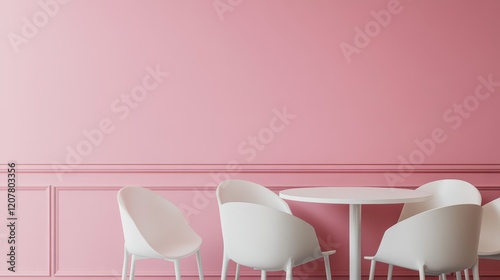 A trendy modern café interior with round tables, soft pink walls, and elegant décor, creating a chic and inviting atmosphere. photo