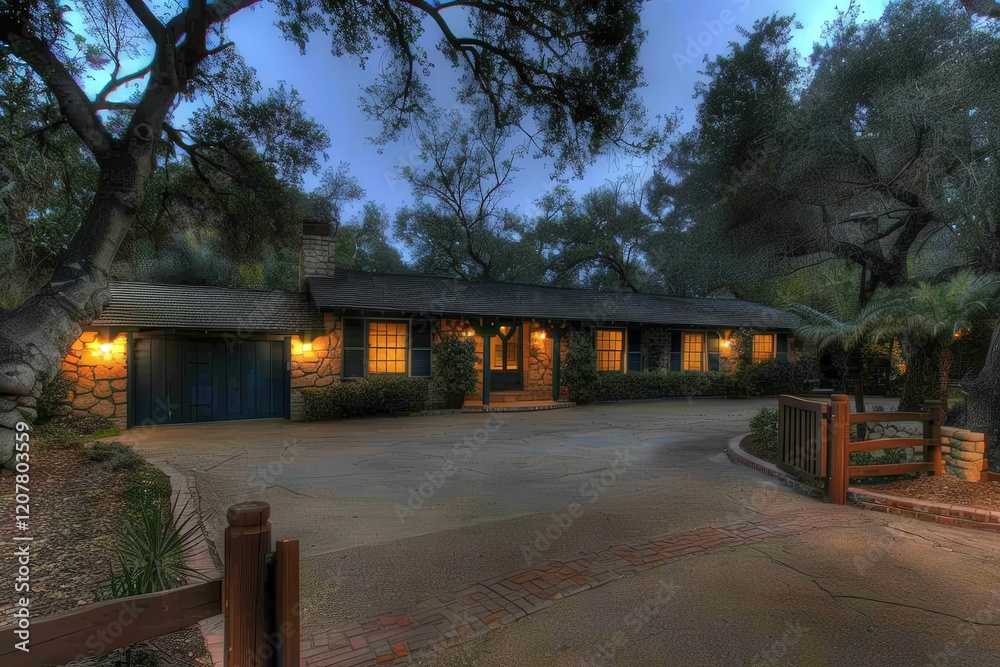 A cozy, illuminated home nestled among trees at dusk, featuring a welcoming driveway and warm lights.