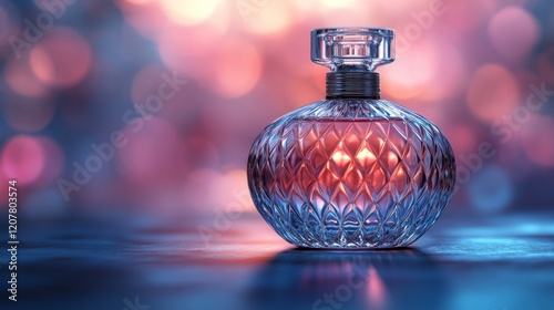 Elegant crystal perfume bottle with pink liquid against a colorful blurred ba...