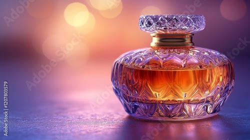 Elegant crystal perfume bottle with pink liquid against a colorful blurred ba...