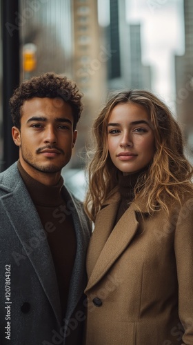 Man and woman stand together on city street during autumn with vibrant foliag...