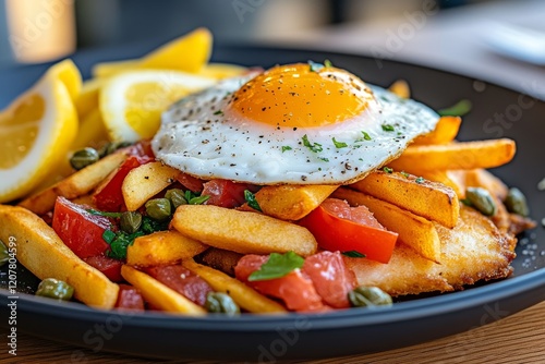 Deliciosa schnitzel holsteiner preparada con cerdo, acompañada de papas fritas, huevo y rodajas de limón photo