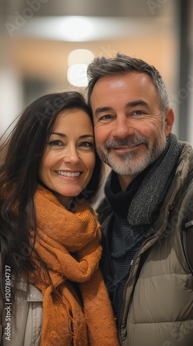 Smiling couple stands together outdoors enjoying a sunny day in a park surrou...
