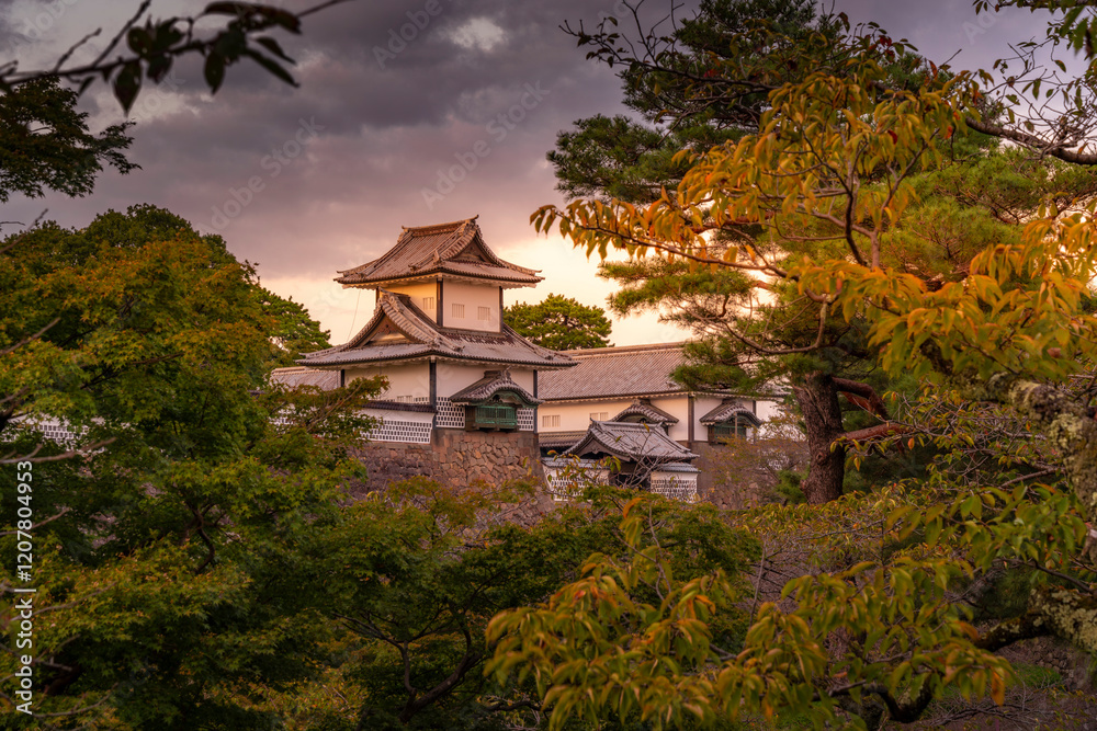 View of Nezumita-mon Gate, entrance to Kanazawa Castle and Park at sunset, Kanazawa City, Ishikawa Prefecture, Honshu, Japan View of Nezumita-mon Gate, entrance to Kanazawa Castle and Park at sunset, Kanazawa City, Ishikawa Prefecture, Honshu, Japan