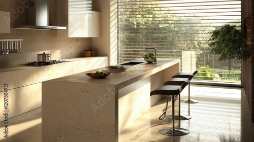 A modern home kitchen featuring a sleek bar counter, a fridge, and a large window, with an empty wall that offers flexibility for customization. photo