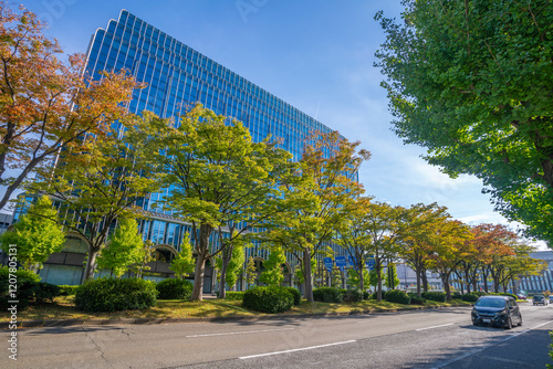 View of colourful trees turning in autumn against modern buildings, Kanazawa City, Ishikawa Prefecture, Honshu, Japan photo