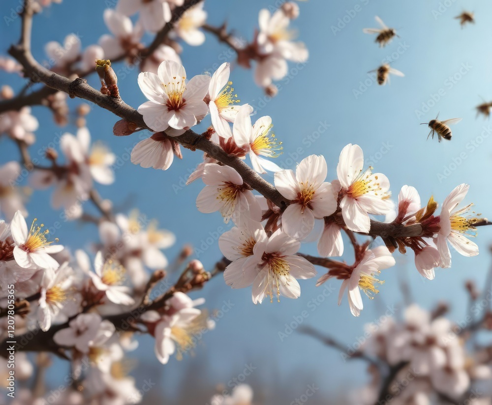 Apricot blossoms filled with tiny bees collecting pollen and nectar, blossom details, spring blooms Apricot blossoms filled with tiny bees collecting pollen and nectar, blossom details, spring blooms