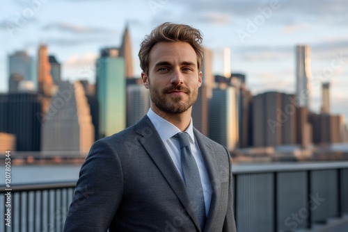 Confident man in formal attire poses against a stunning city skyline during g...