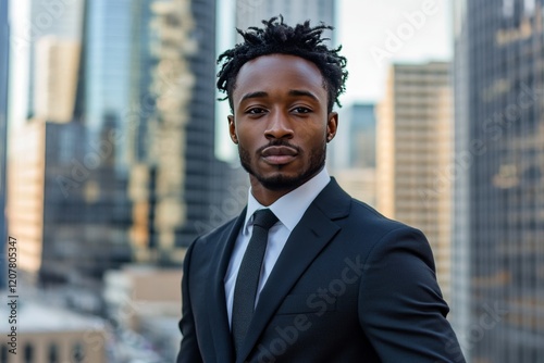Confident man in formal attire poses against a stunning city skyline during g...