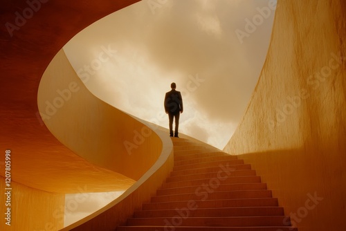 Person standing at the top of an old staircase with a round window casting li...