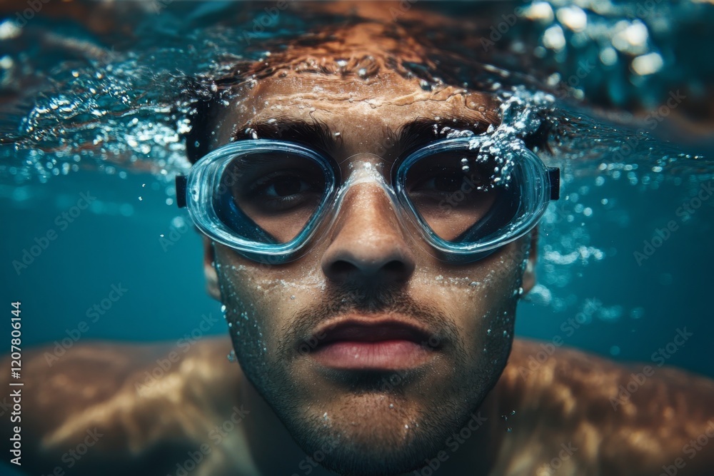 Fototapeta premium Focused swimmer in a crystal clear pool showcasing determination and skill during a training session