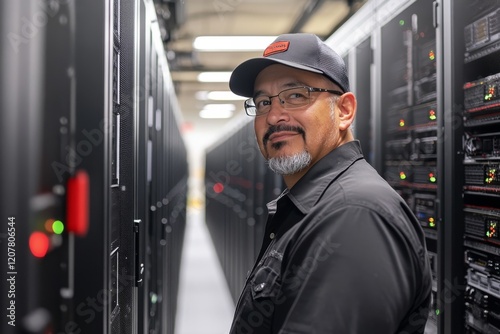 Professional observing server racks in a high-tech data center during evening...