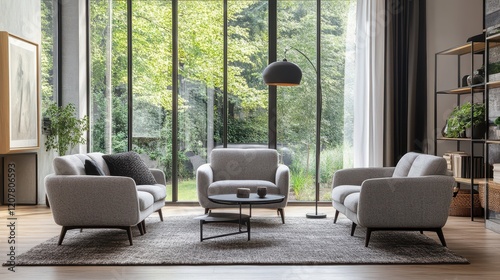 A modern home living room featuring a stylish eating table with chairs, a sleek drawer for storage, and a window that allows natural light to brighten the space. photo