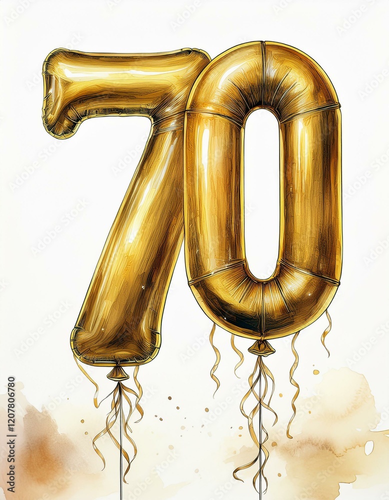 Obraz premium Gold birthday / anniversary party balloon, number 70, watercolor painting with white background