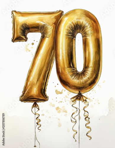 Gold birthday / anniversary party balloon, number 70, watercolor painting with white background
