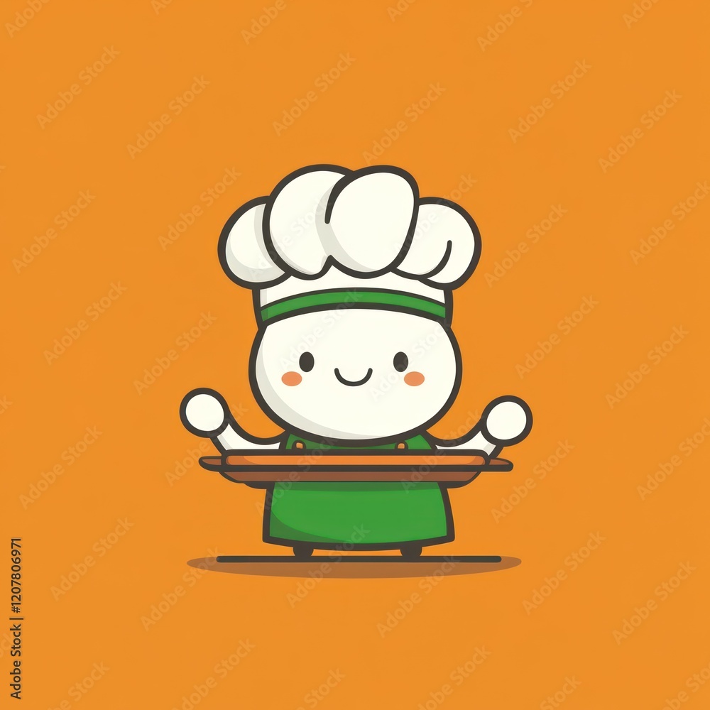 Cute cartoon chef holding tray, simple design, food, happy Cute cartoon chef holding tray, simple design, food, happy