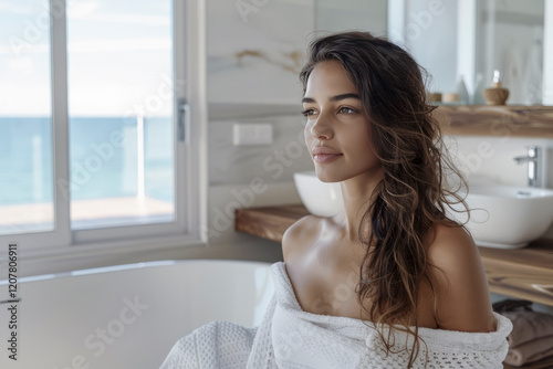 A woman with long brown hair is sitting in a bathtub, looking out the window at the ocean Free Download A woman with long brown hair is sitting in a bathtub, looking out the window at the ocean - GFXLoad