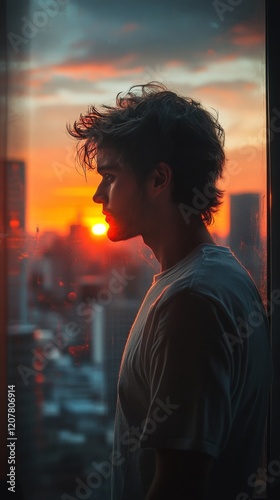 Young man gazes out a window during sunset in an urban setting with warm city...