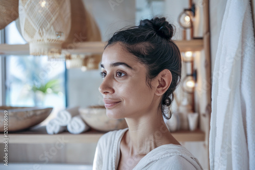 Peaceful young woman with a natural look in a serene, spa-inspired bathroom Free Download Peaceful young woman with a natural look in a serene, spa-inspired bathroom - GFXLoad