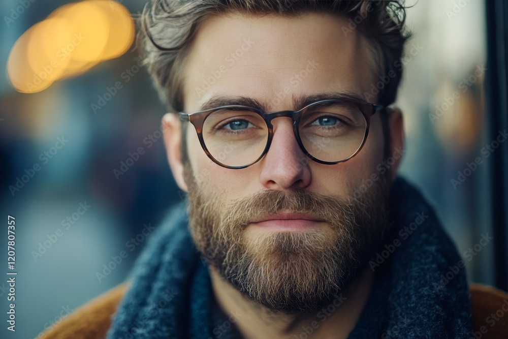 Fototapeta premium Handsome man with glasses and a beard outdoors during a golden hour in a city setting
