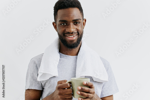 Cheerful african american man enjoying morning coffee with towel draped over shoulder on white background photo