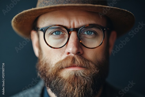 Stylish man with glasses and hat showcases winter fashion in urban setting