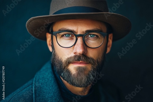 Stylish man with glasses and hat showcases winter fashion in urban setting