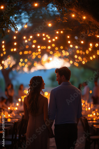 Dîner aux chandelles en extérieur, guirlandes lumineuses, couple romantique, ambiance magique photo