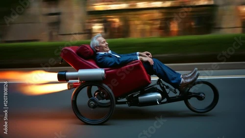 Crazy old inventor speeding down the street in his rocket powered recliner. Looks kinda dangerous.