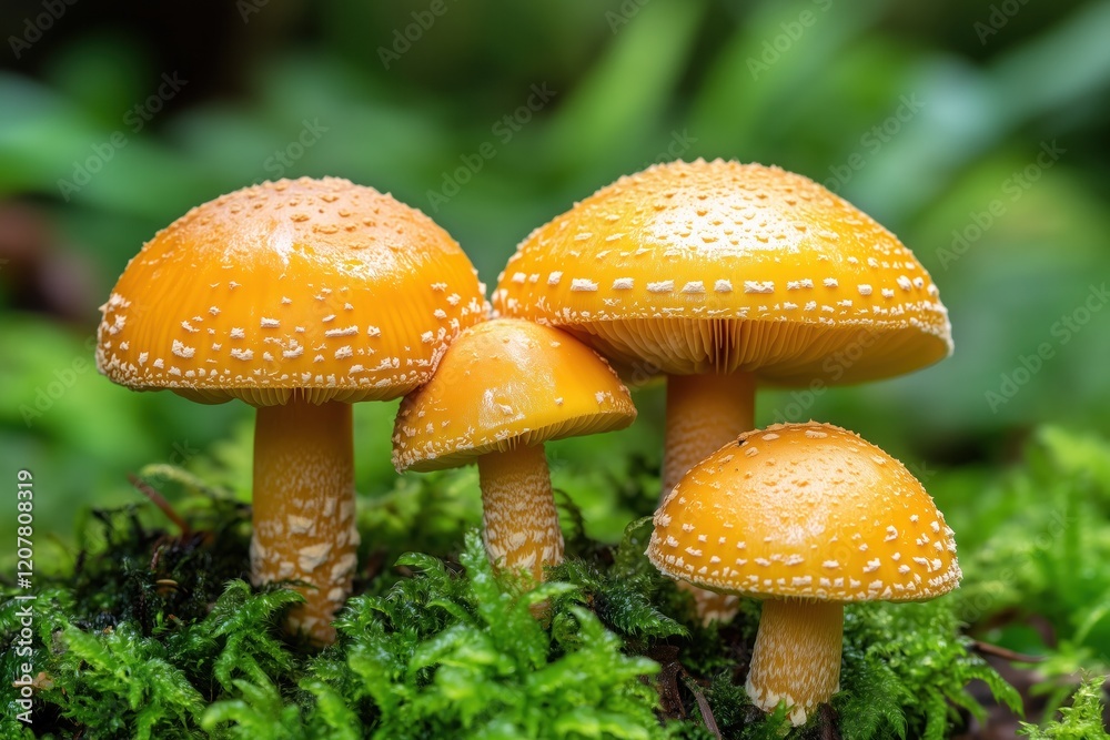 Four yellow mushrooms growing on moss in forest Four yellow mushrooms growing on moss in forest