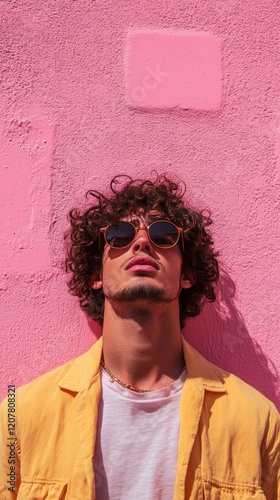Young man with curly hair poses against a vibrant pink wall in an urban setti...