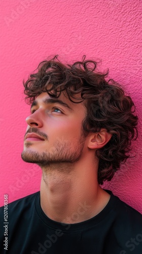 Young man with curly hair poses against a vibrant pink wall in an urban setti...