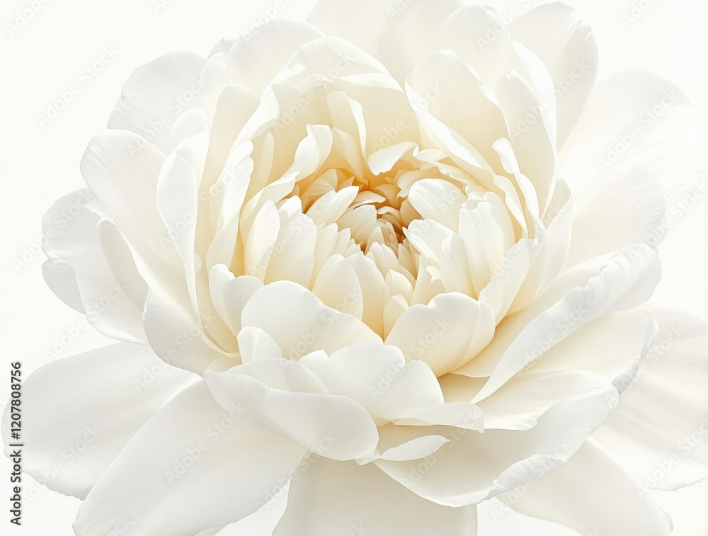 Fototapeta premium Close-up of a delicate white peony flower on a white background, isolated, pure, bloom, floral, studio