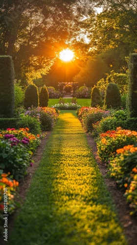 Sunset illuminating a peaceful garden path with lush greenery and vibrant flo...
