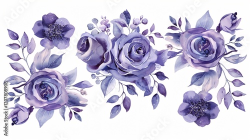 Elegant Hand-Drawn Violet Flower Bouquets Watercolor Illustration