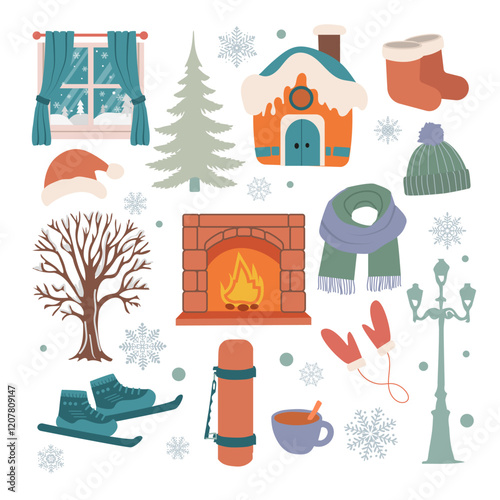 A cozy cartoon winter set isolated on white. Winter elements set vector flat illustration