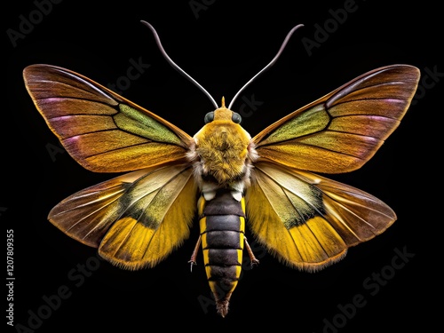 Hemaris Thysbe Moth Silhouette, Golden Gloss, Black Background, Landscape Photography photo