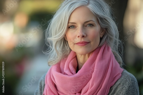 Elegant woman in a pink scarf enjoying a city stroll during golden hour