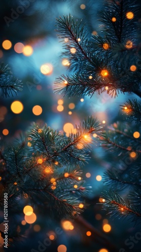 Festive pine branch adorned with glowing lights and red ornaments at night